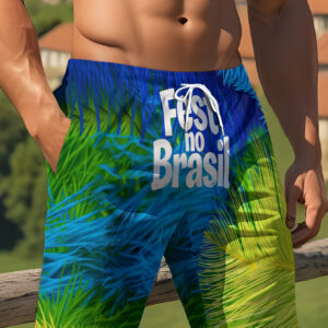 these shorts feature a vibrant print of blue, green, and yellow plants, along with the text 'fest no brasil', showcasing a lively design