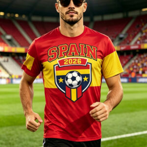 [printed design not textured] 2026 spain vintage color block football short sleeve shirt, fashion glasses wearing handsome for man unlocks street style for soccer fans, igniting the passionate match watching atmosphere