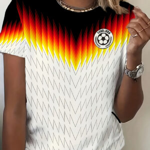 [printed design no texture] german team limited summer women's round neck t shirt, white base flame gradient pattern football badge printed t shirt, street trendy cool style short sleeve, fan viewing game bomb style