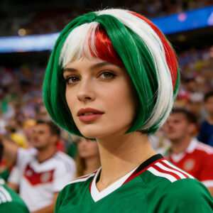 multi color football game cheer bobo head wig, green white red color blocked bangs short student style adult wig, viewing party funny headgear