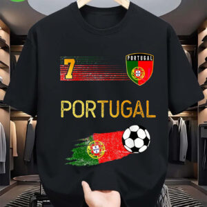 men's portugal flag & pride t shirt black with green & red national colors, soccer ball graphic & number 7 design, portuguese text casual round neck short sleeve shirt for fans, casual attire & themed events all season comfort fit, patriotic
