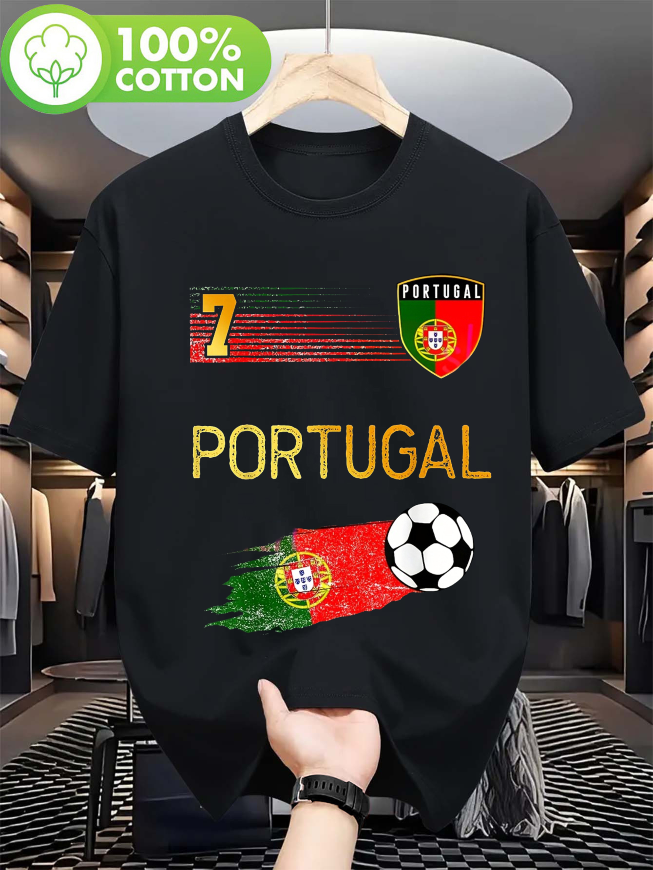 men's portugal flag & pride t shirt black with green & red national colors, soccer ball graphic & number 7 design, portuguese text casual round neck short sleeve shirt for fans, casual attire & themed events all season comfort fit, patriotic men's portugal flag & pride t shirt black with green & red national colors, soccer ball graphic & number 7 design, portuguese text casual round neck short sleeve shirt for fans, casual attire & themed events all season comfort fit, patriotic