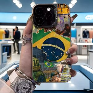 phone case 2d flat printing, 1pc brazilian special cultural element combination new pattern background theme colored silver imd phone case suitable for iphone 17 air/17 pro max and full series. high aesthetic anti drop and dirt resistant
