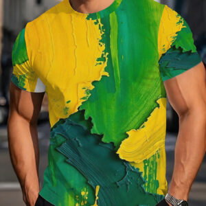 casual summer t shirt, featuring abstract yellow green paint brushstroke artistic design, perfect for outdoor activities, and a great choice for father's day or birthday gifts