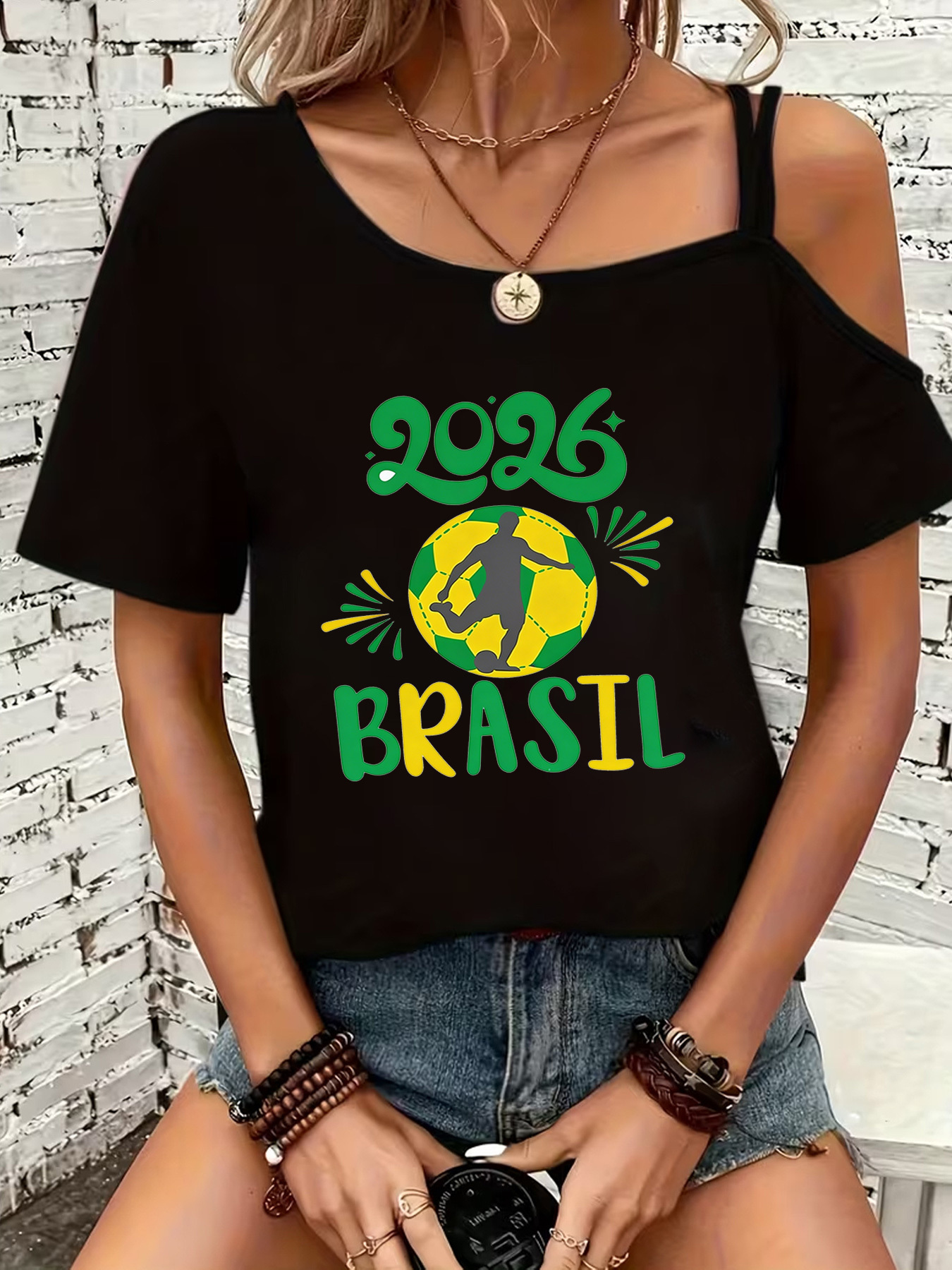 women's fashion creative simple vintage print t shirt, sexy off shoulder thin strap short sleeve t shirt, summer casual shoulder strap design top t shirt, suitable for daily commuting and vacations, stylish and elegant women's clothing women's fashion creative simple vintage print t shirt, sexy off shoulder thin strap short sleeve t shirt, summer casual shoulder strap design top t shirt, suitable for daily commuting and vacations, stylish and elegant women's clothing