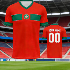 personalized moroccan custom jersey comfortable fit, breathable & moisture wicking, team customization for football teams, custom men's soccer jersey personalize with your name and number, red v neck sports top, comfortable polyester