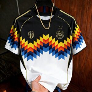 men's retro german style football shirt t shirt, loose fit football top, featuring geometric print in the style of the 1990s, suitable for dates, parties, and everyday wear, making it an ideal gift for a boyfriend