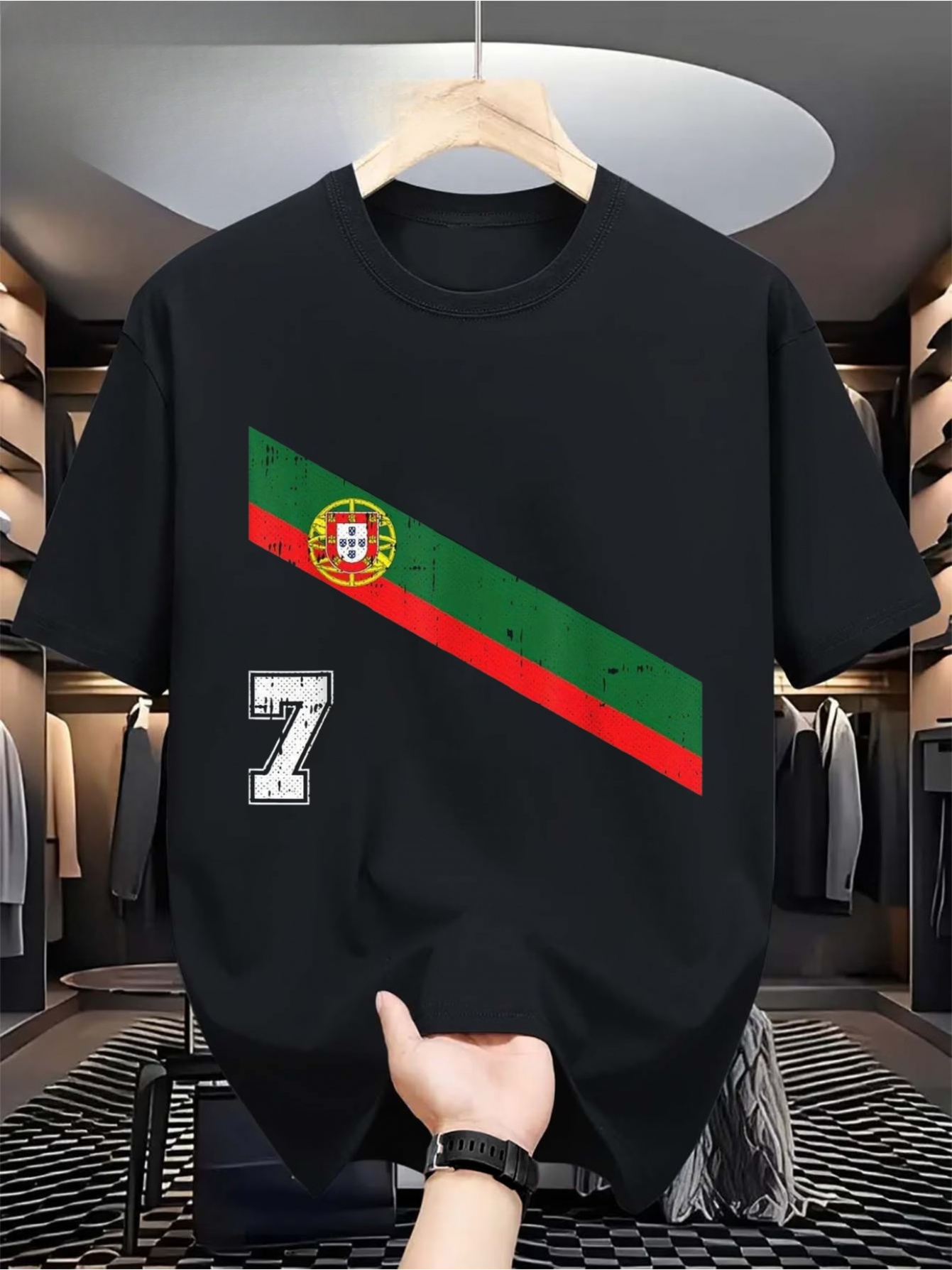 1pc men's portugal national team jersey no.7 official soccer shirt with number 7 design, black/green/red stripes, machine washable short sleeve crewneck top suitable for training, casual wear & gifts for,, sports fans 1pc men's portugal national team jersey no.7 official soccer shirt with number 7 design, black/green/red stripes, machine washable short sleeve crewneck top suitable for training, casual wear & gifts for,, sports fans