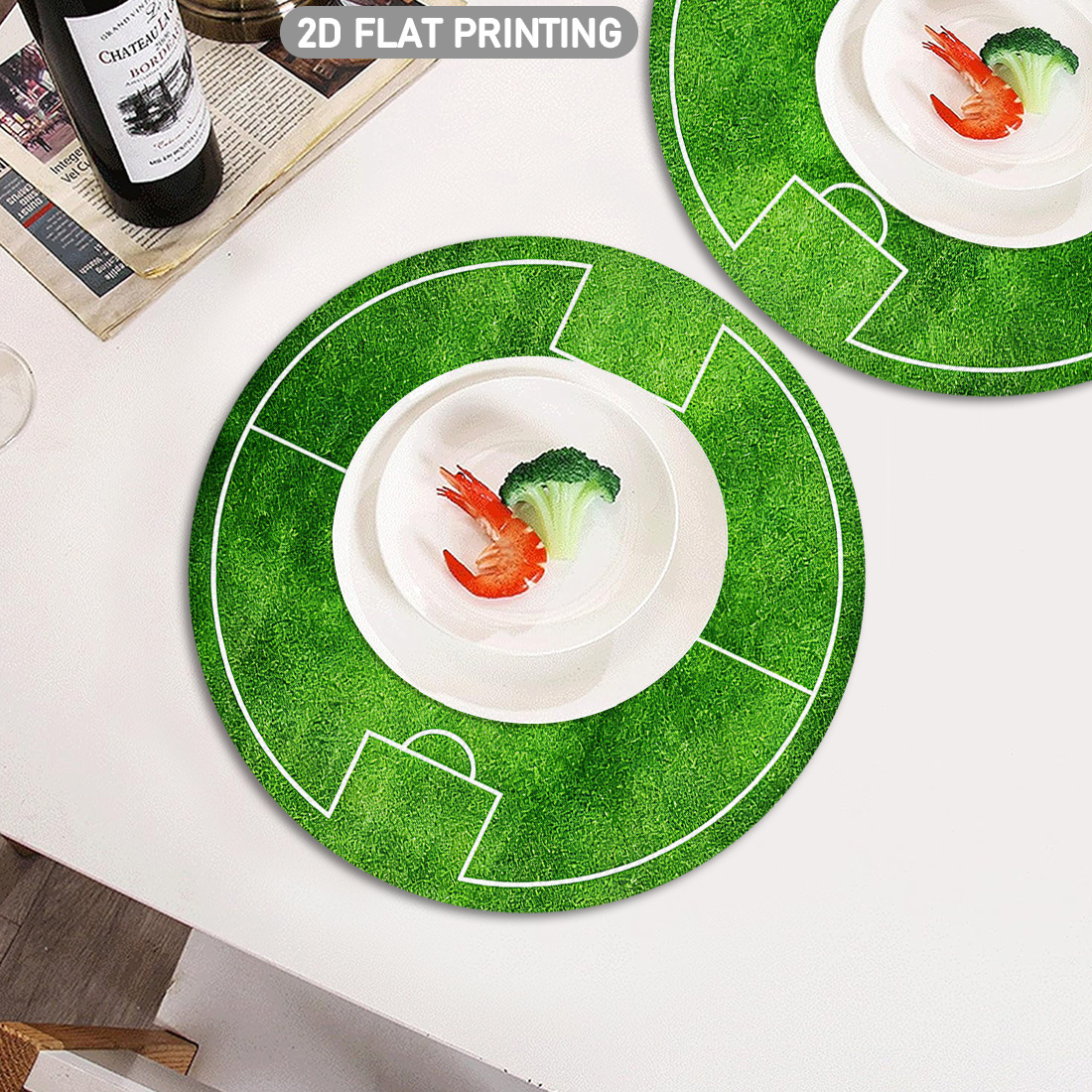 4/6pcs set, round placemats with soccer field pattern, featuring green grass texture and white line design. suitable for sports themed decor, tablecloth placement decoration, children's room decor, and event venue decoration. 2d flat design, 38.1 cm 4/6pcs set, round placemats with soccer field pattern, featuring green grass texture and white line design. suitable for sports themed decor, tablecloth placement decoration, children's room decor, and event venue decoration. 2d flat design, 38.1 cm