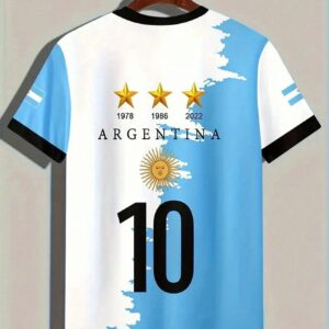 men's argentina national team football graphic 3d printed t shirt split design with sun badge and number 10, breathable short sleeve crew neck tee, suitable for summer casual wear and sports fans, supporters apparel, soft fabric, match day outfit