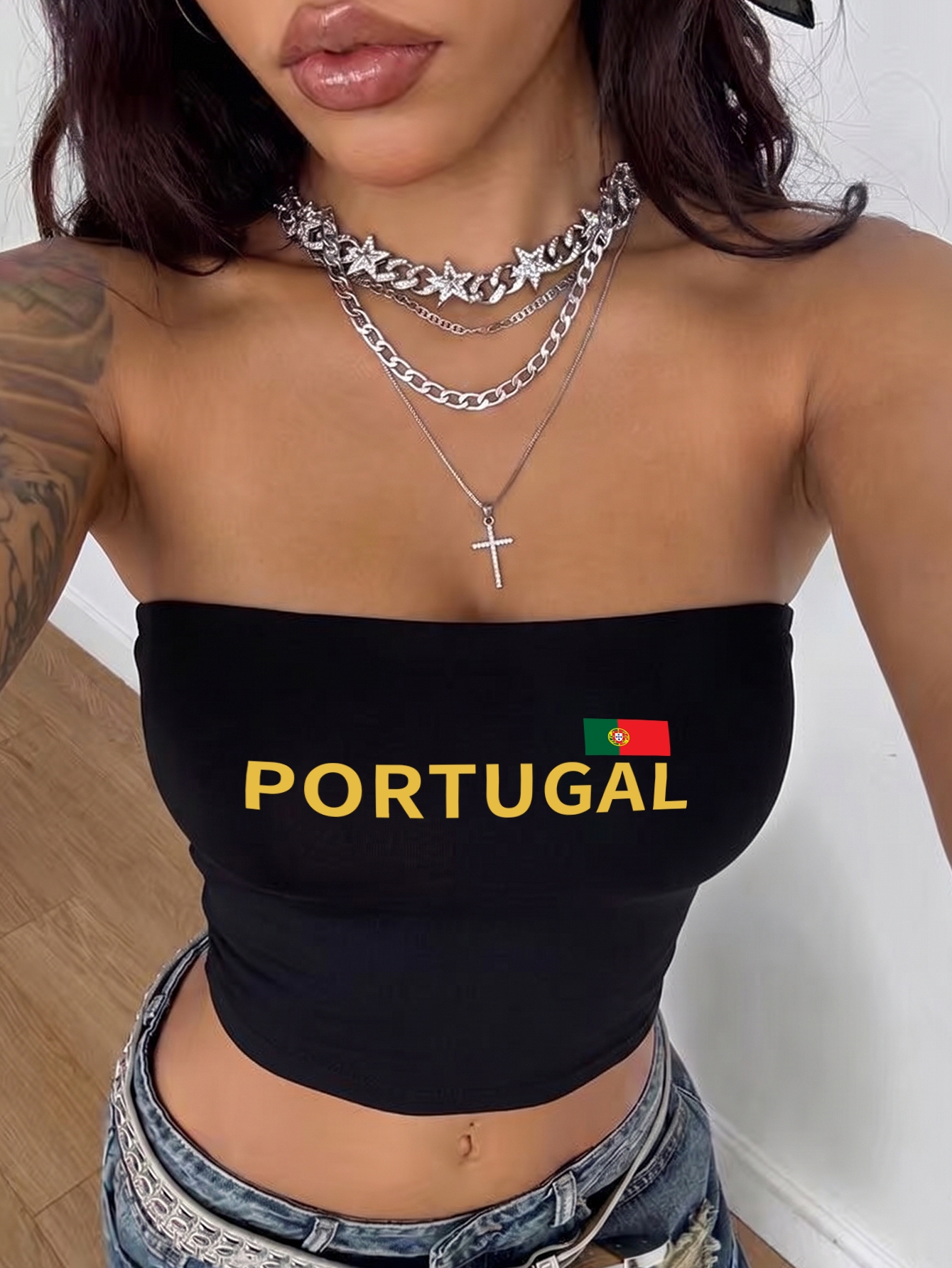 women's solid color tube top with portugal flag print, off shoulder slim fit crop top, women's casual fashion solid color tube top in y2k style for home and outdoor wear, suitable for spring and summer, soft and comfortable fabric, machine washable women's solid color tube top with portugal flag print, off shoulder slim fit crop top, women's casual fashion solid color tube top in y2k style for home and outdoor wear, suitable for spring and summer, soft and comfortable fabric, machine washable