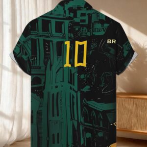 new men's casual short sleeve shirt, dark green street scene print, brazil no. 10, samba style hidden in the painting, versatile for holiday parties and commuting, polyester fiber fabric, machine washable, button up printed shirt