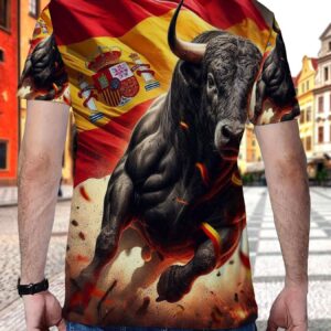 men's 3d digital print polyester t shirt with dynamic spanish bull and national flag print, breathable casual short sleeve top, bold fiery themed graphic tee for daily wear, outdoor activities