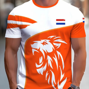 [print design not textured] euro cup national football theme men's casual t shirt, dutch iconic lion and flag elements design, trendy and atmospheric print, fan commemorative collection summer loose all match sports top