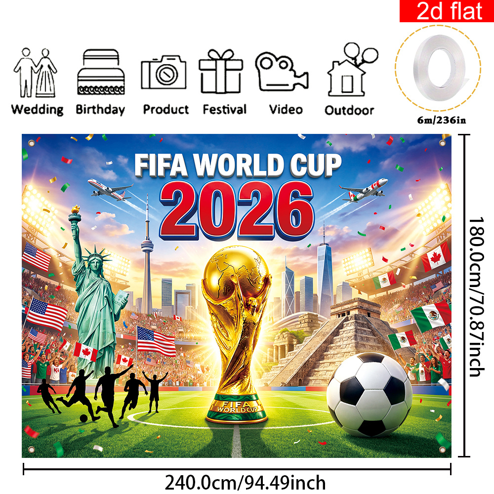 2d flat, 2d flat banner, 1pc, 2026 usa canada mexico fifa world cup backdrop large garage party banner,, featuring stadium, host country landmarks, and the world cup trophy background design; suitable for world cup party decorations., 2d flat 2d flat, 2d flat banner, 1pc, 2026 usa canada mexico fifa world cup backdrop large garage party banner,, featuring stadium, host country landmarks, and the world cup trophy background design; suitable for world cup party decorations., 2d flat
