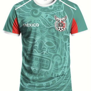 [printed design not textured] mexican style men's soccer jersey, youth sports t shirt, comfortable and breathable crew neck short sleeve top for match, training, and casual wear, plus size