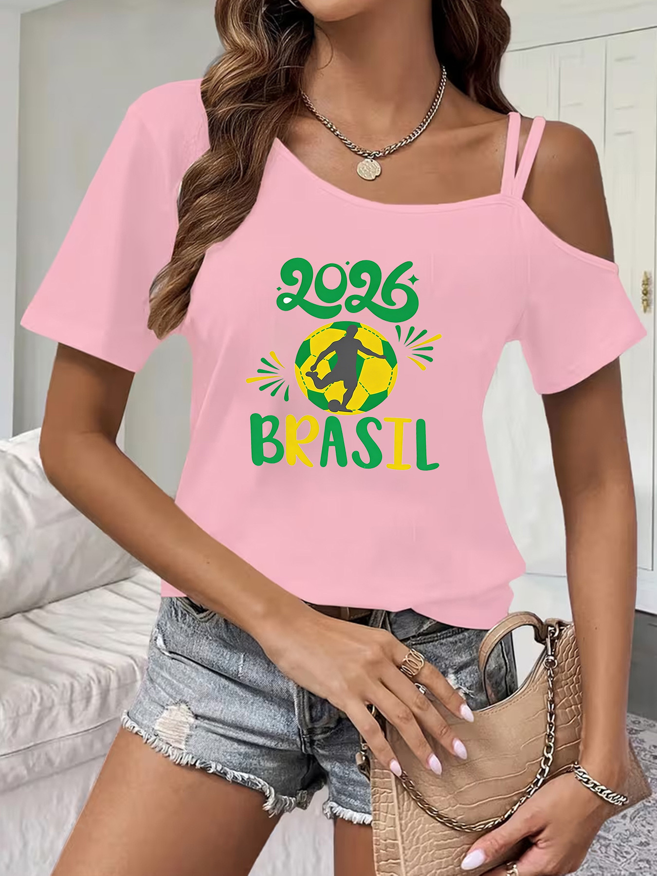 women's fashion creative simple vintage print t shirt, sexy off shoulder thin strap short sleeve t shirt, summer casual shoulder strap design top t shirt, suitable for daily commuting and vacations, stylish and elegant women's clothing women's fashion creative simple vintage print t shirt, sexy off shoulder thin strap short sleeve t shirt, summer casual shoulder strap design top t shirt, suitable for daily commuting and vacations, stylish and elegant women's clothing