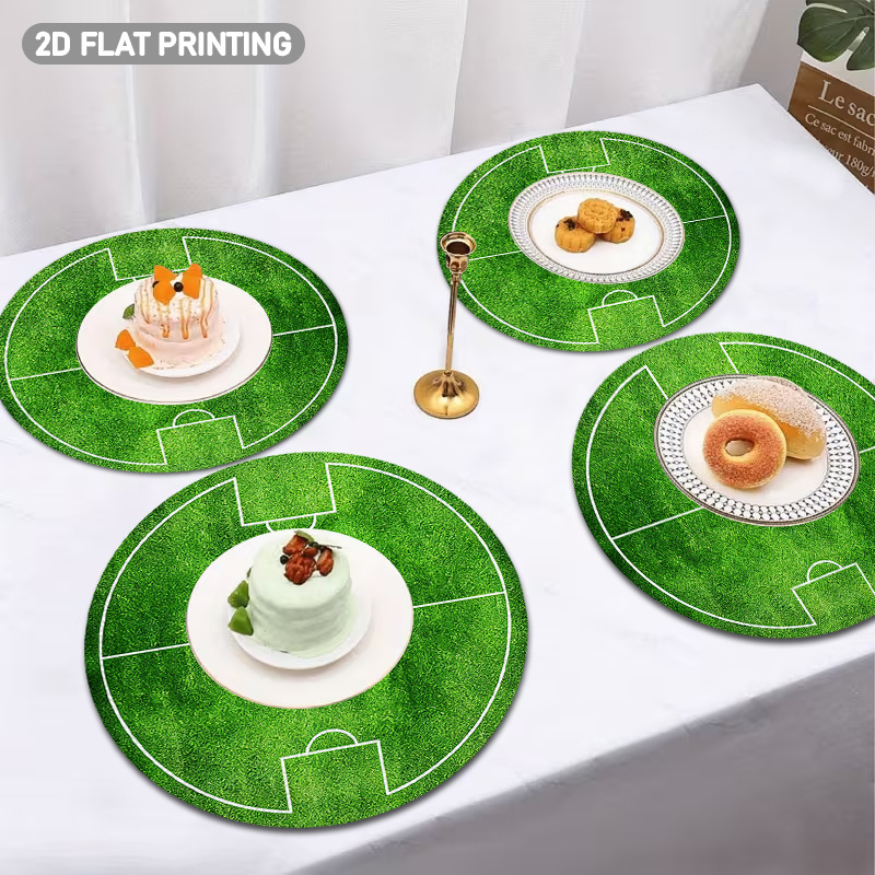 4/6pcs set, round placemats with soccer field pattern, featuring green grass texture and white line design. suitable for sports themed decor, tablecloth placement decoration, children's room decor, and event venue decoration. 2d flat design, 38.1 cm 4/6pcs set, round placemats with soccer field pattern, featuring green grass texture and white line design. suitable for sports themed decor, tablecloth placement decoration, children's room decor, and event venue decoration. 2d flat design, 38.1 cm