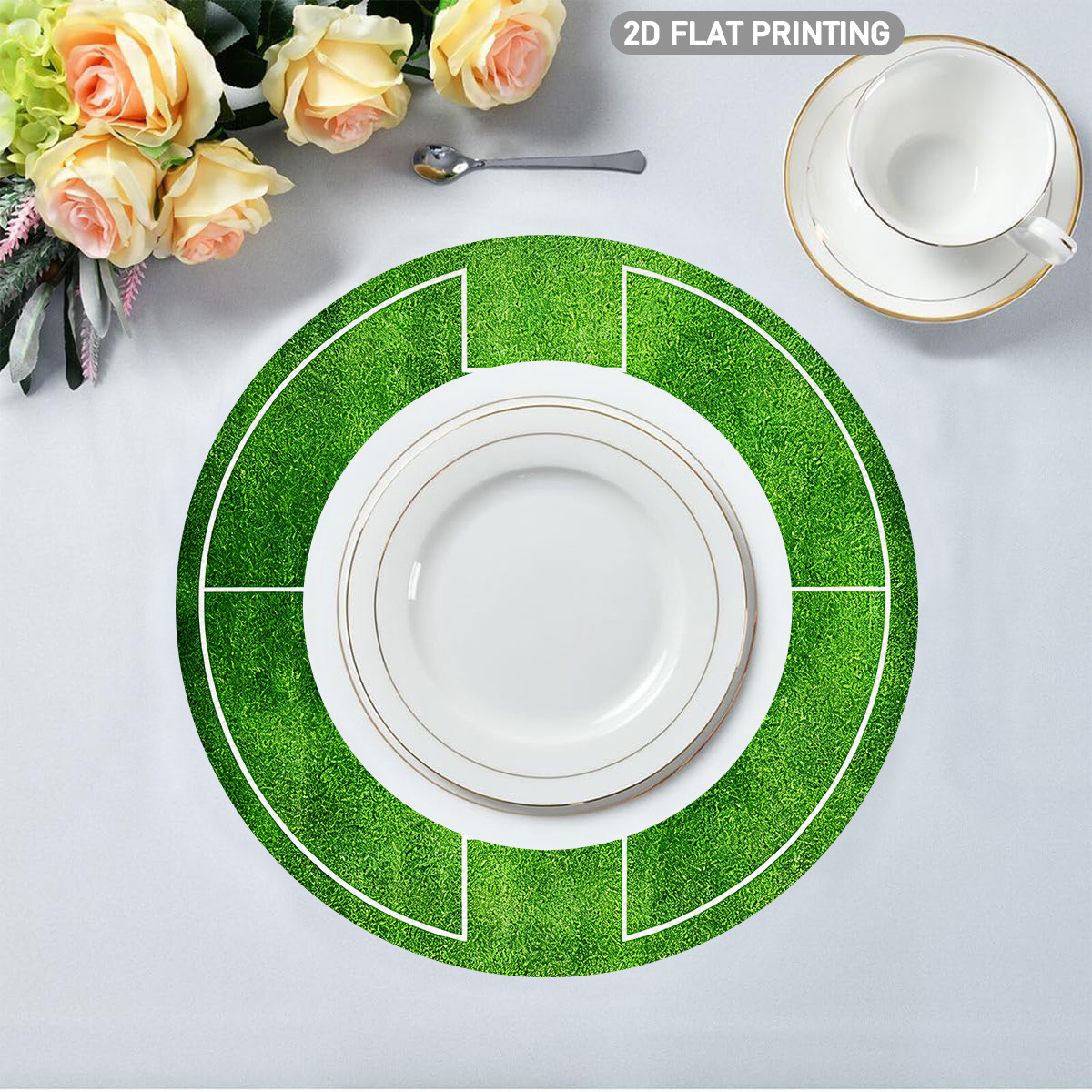 4/6pcs set, round placemats with soccer field pattern, featuring green grass texture and white line design. suitable for sports themed decor, tablecloth placement decoration, children's room decor, and event venue decoration. 2d flat design, 38.1 cm 4/6pcs set, round placemats with soccer field pattern, featuring green grass texture and white line design. suitable for sports themed decor, tablecloth placement decoration, children's room decor, and event venue decoration. 2d flat design, 38.1 cm