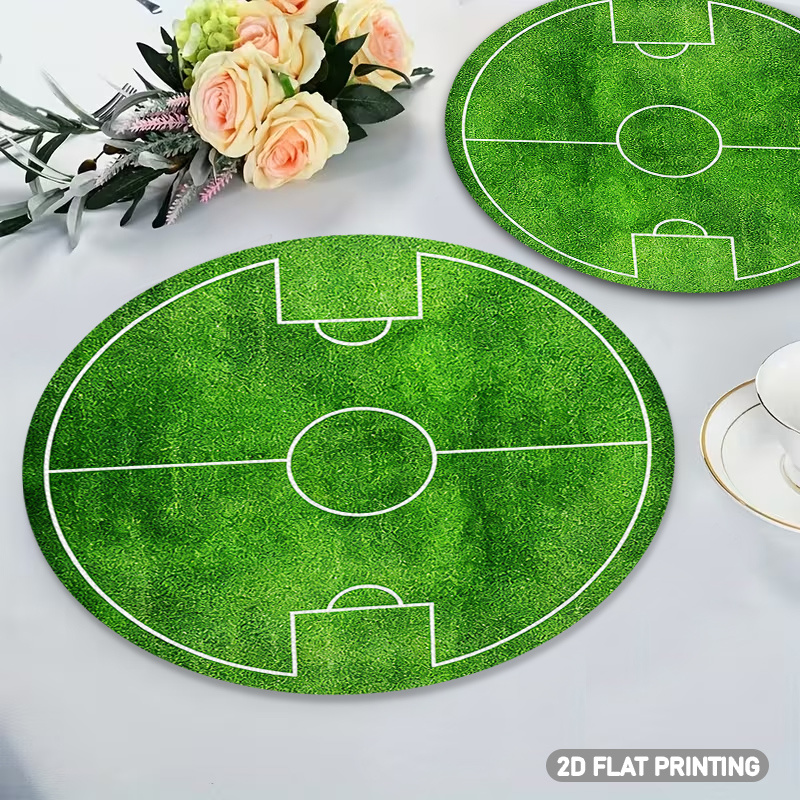 4/6pcs set, round placemats with soccer field pattern, featuring green grass texture and white line design. suitable for sports themed decor, tablecloth placement decoration, children's room decor, and event venue decoration. 2d flat design, 38.1 cm 4/6pcs set, round placemats with soccer field pattern, featuring green grass texture and white line design. suitable for sports themed decor, tablecloth placement decoration, children's room decor, and event venue decoration. 2d flat design, 38.1 cm
