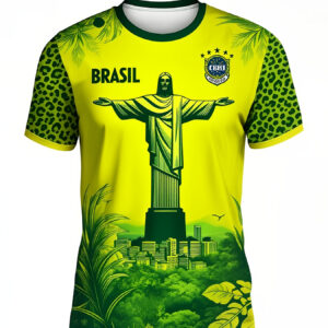 [printed design – not textured//sequins not jean this is print athletic soccer team jersey, featuring yellow green design with savior image and tropical scenery, perfect for soccer fans and casual use men's short sleeve t shirt