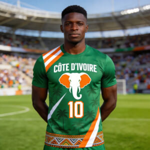 [print design not textured//sequins not jean this is the print[printeesign not texture]2026 new summer cote d'ivoire national team 10th star style elephant palm ethnic totem football theme print quick dry short sleeve t shirt men's breathable spor
