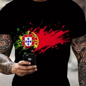 men's portugal flag t shirt stretchy fit suitable for summer casual wear, digital print crew neck short sleeve tee with portuguese national design, machine washable for events & everyday outfits
