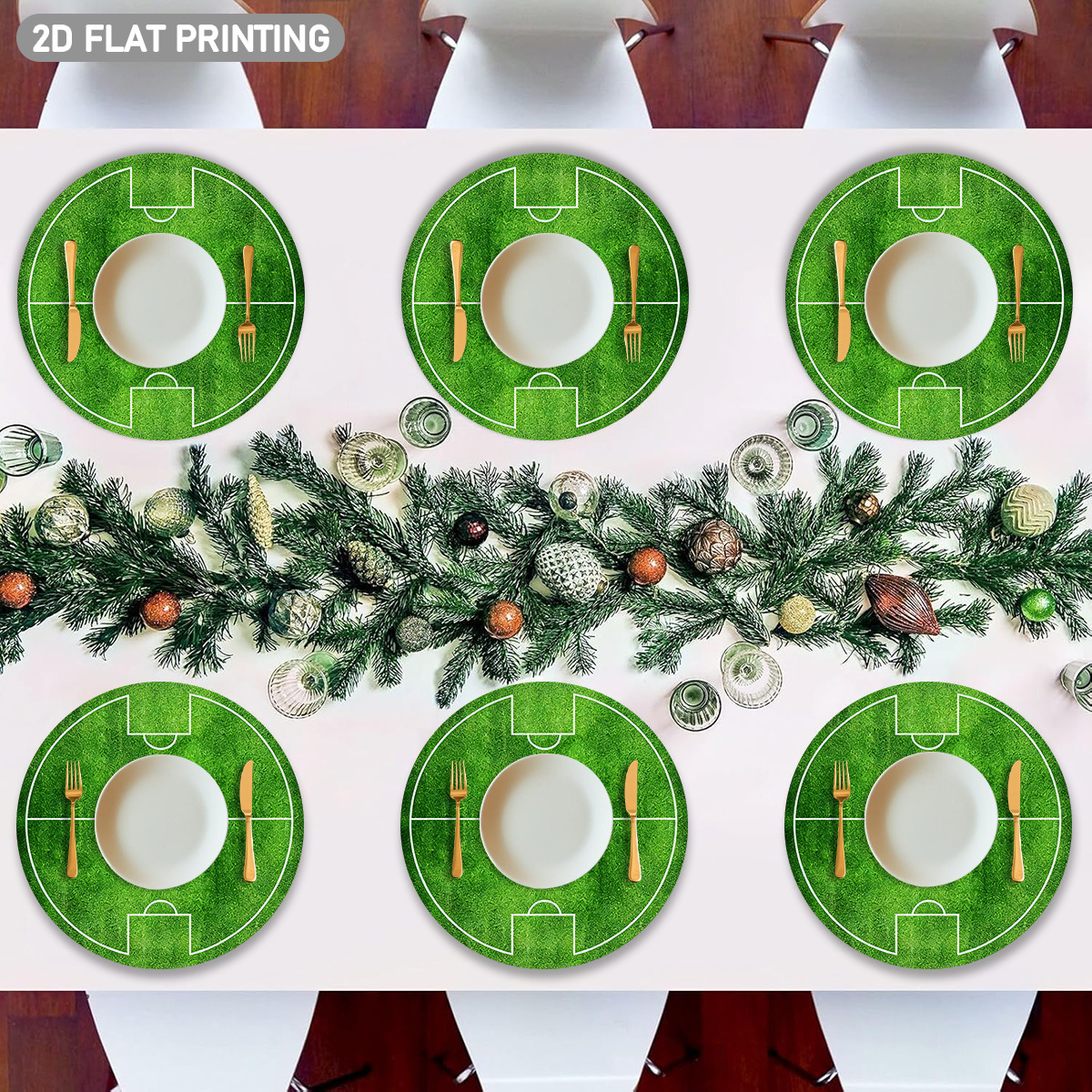 4/6pcs set, round placemats with soccer field pattern, featuring green grass texture and white line design. suitable for sports themed decor, tablecloth placement decoration, children's room decor, and event venue decoration. 2d flat design, 38.1 cm 4/6pcs set, round placemats with soccer field pattern, featuring green grass texture and white line design. suitable for sports themed decor, tablecloth placement decoration, children's room decor, and event venue decoration. 2d flat design, 38.1 cm