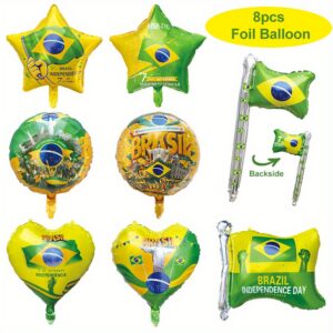 set of 8 yellow and green foil balloons for celebrations like birthdays, anniversaries, and festivals, perfect for a brazil themed party